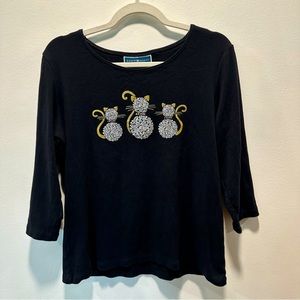 Karen Scott Sparkly Gem Cats Metallic Gold 3/4 Sleeve Boatneck Top Women size L